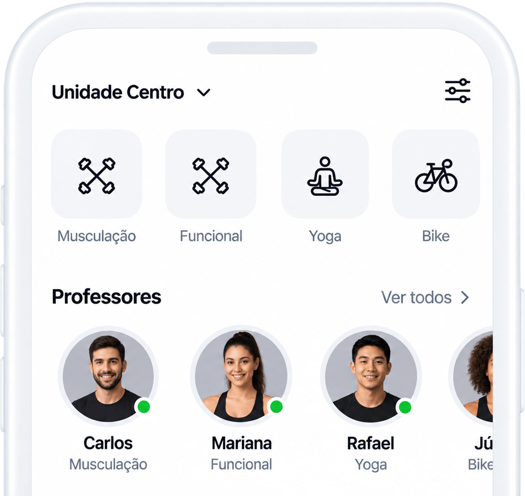 Todas as unidades da academia no aplicativo